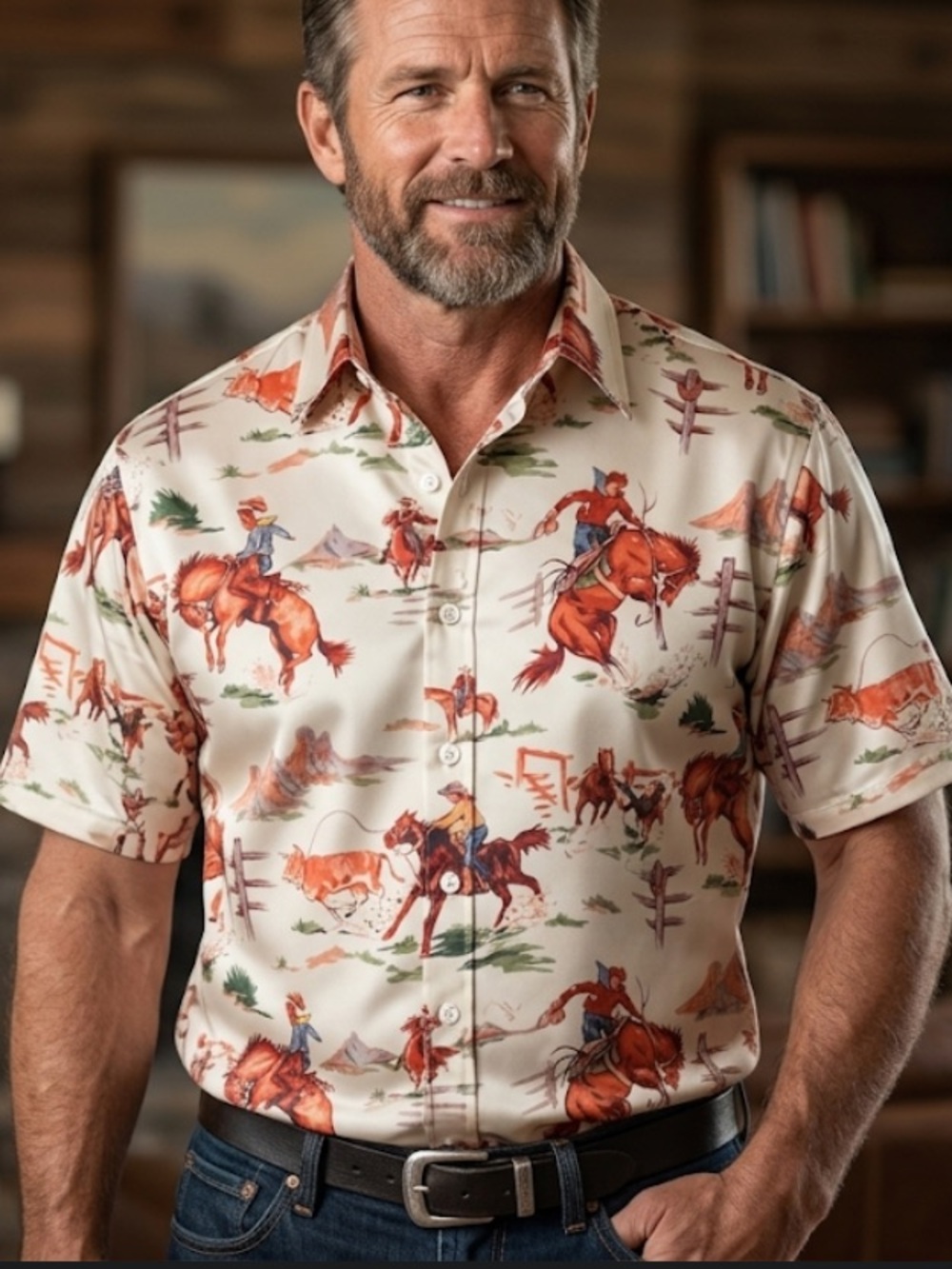 Alohahoo Western Cowboy Print Short-Sleeve Shirt Hawaiian Style Rodeo Shirt NWT